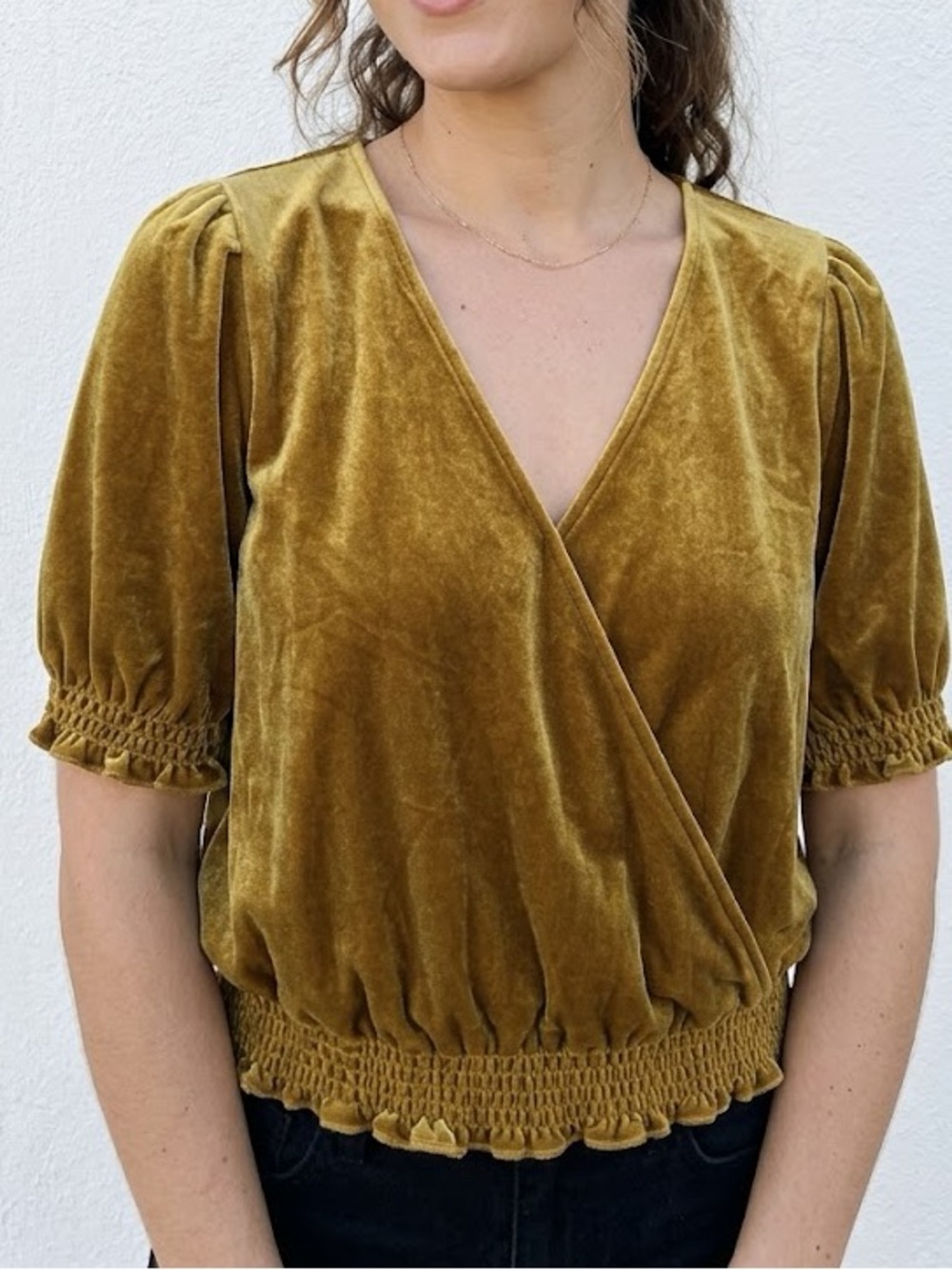 Madewell Mustard Gold Smocked Velvet Crossover Top Large